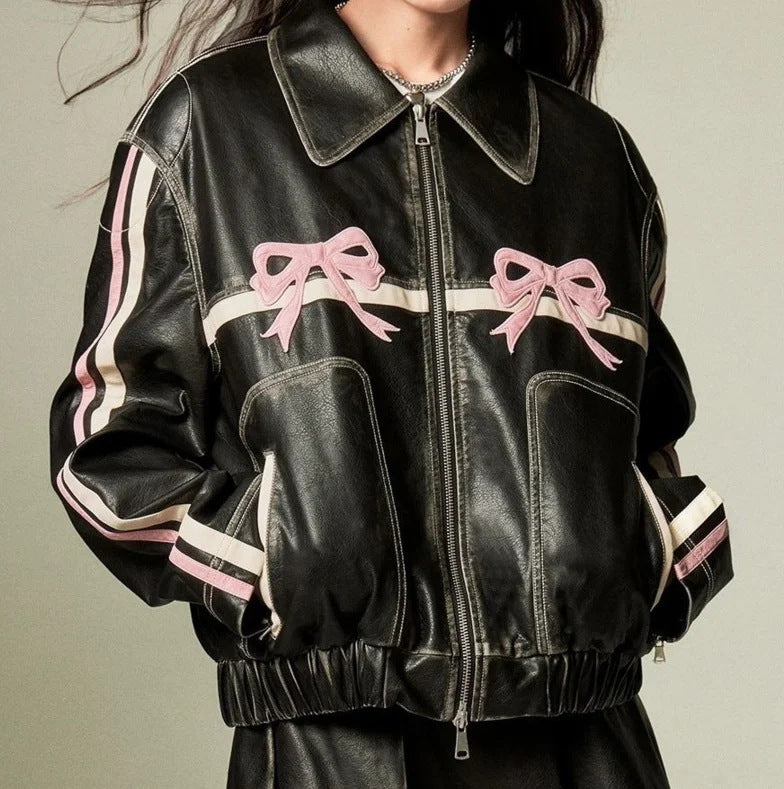 Women's Harajuku Style Bow PU Leather Motorcycle Jacket - Image 7