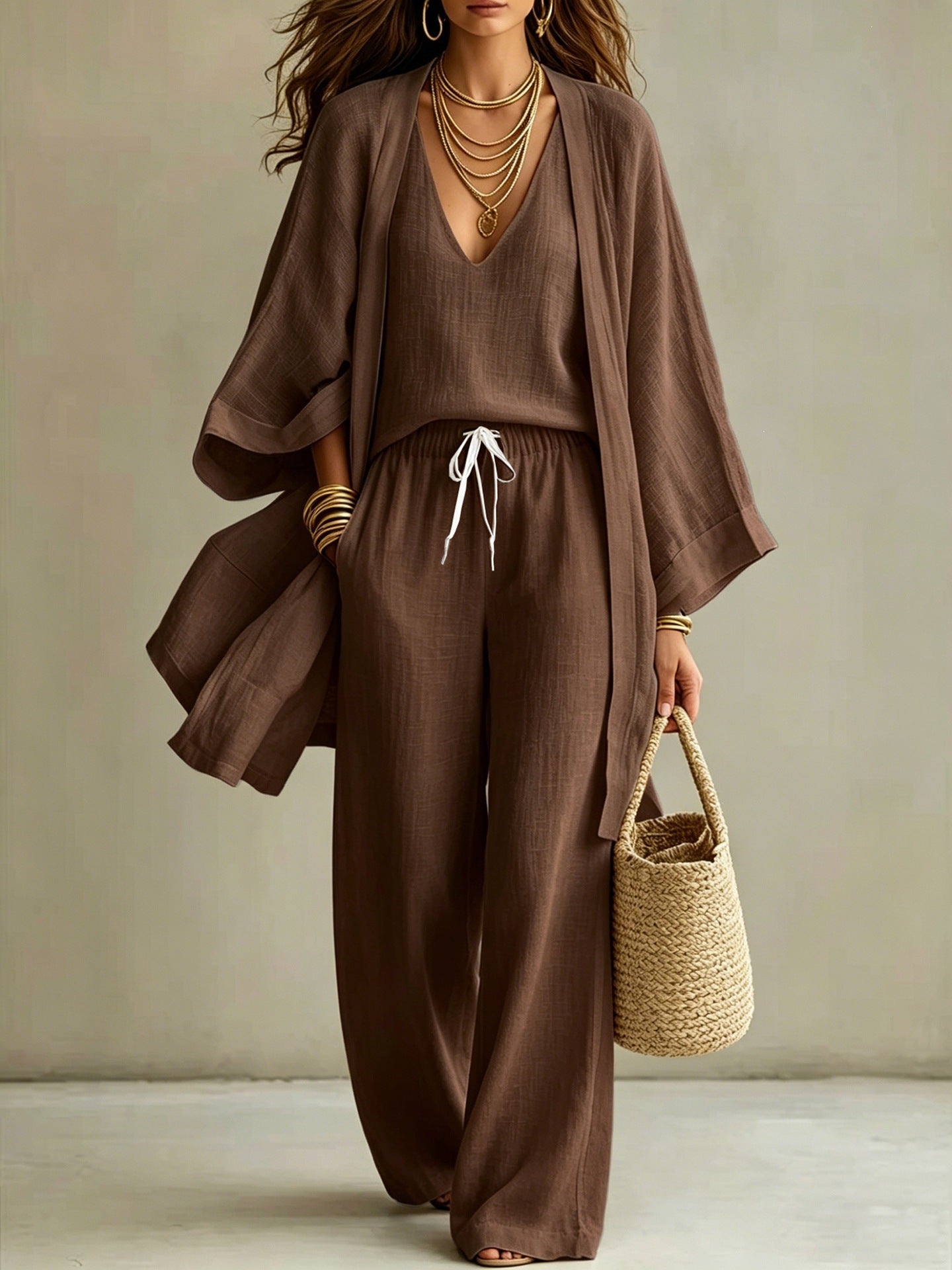 Women's 3-Piece Linen Loungewear Set: Cardigan, Vest & Wide-Leg Pants