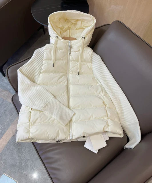 Women's Spliced Knitted Sleeve Puffer Hooded Jacket Black White - Image 3
