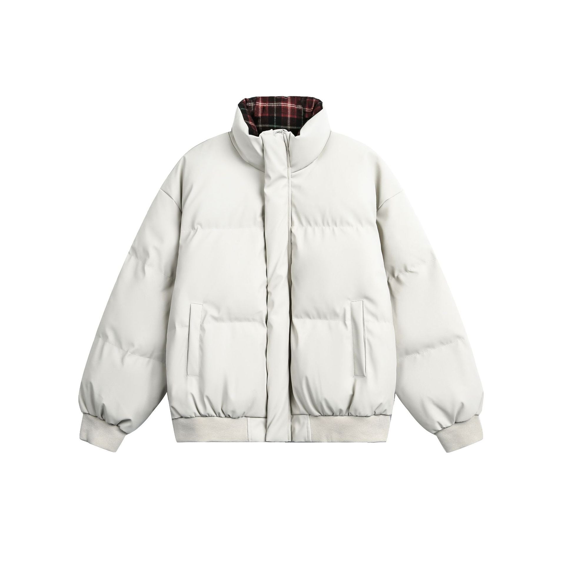 Winter Puffer Jacket with Stand-Up Collar and Plaid Lining - Image 5