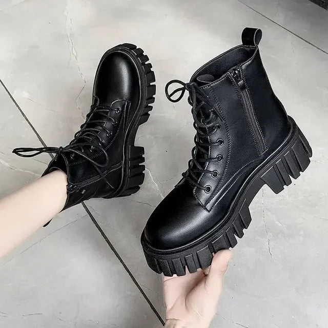 Women's Chunky Platform Ankle Boots - Black & White Lace-Up Style - Image 7