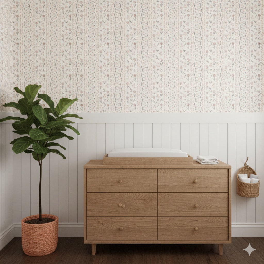 Brighton floral patterned wallpaper in warm terracotta and sage green colors.