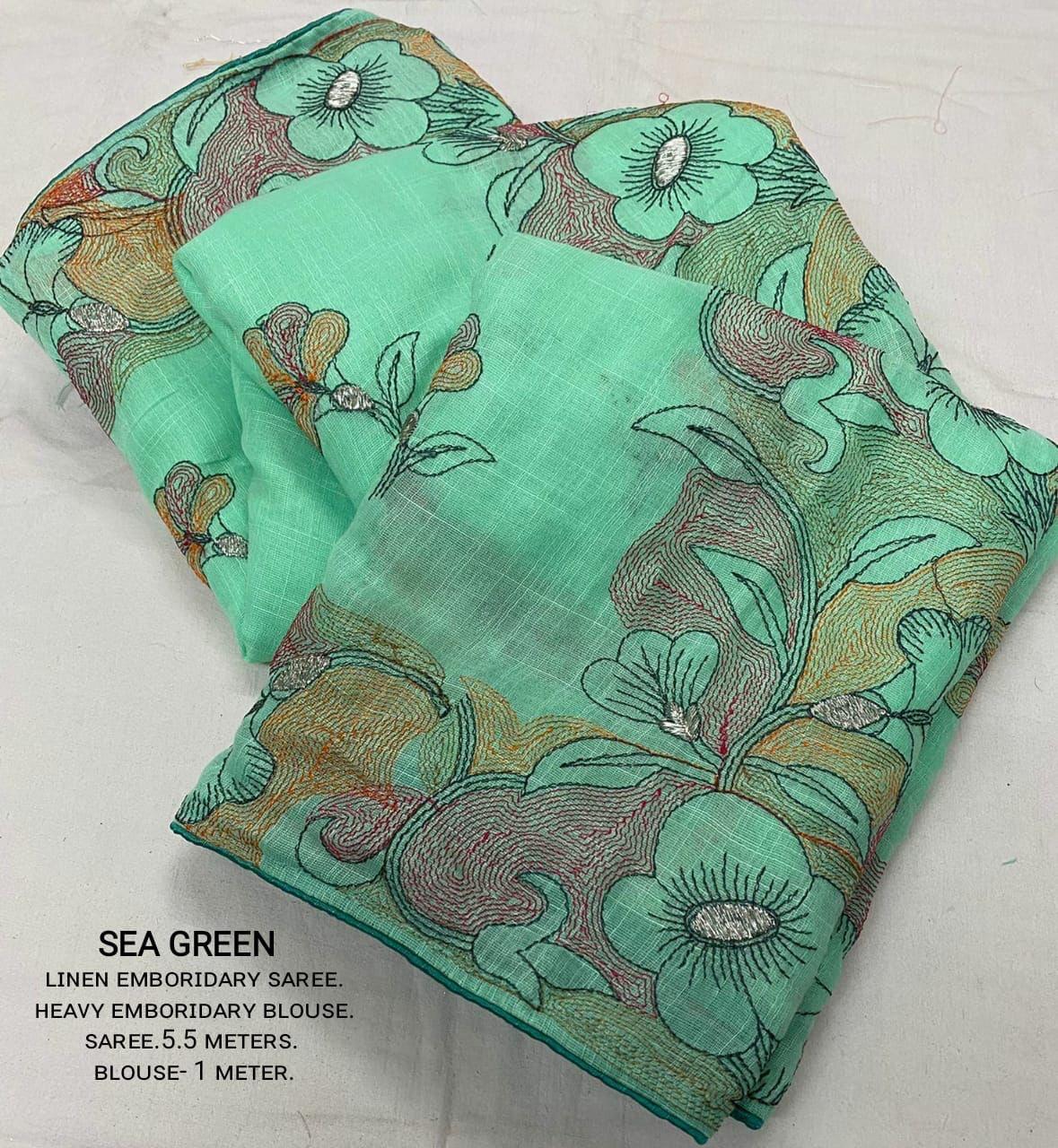 SeaGreen Pure Linen Saree with Pencil Stitch Embroidery and Blouse