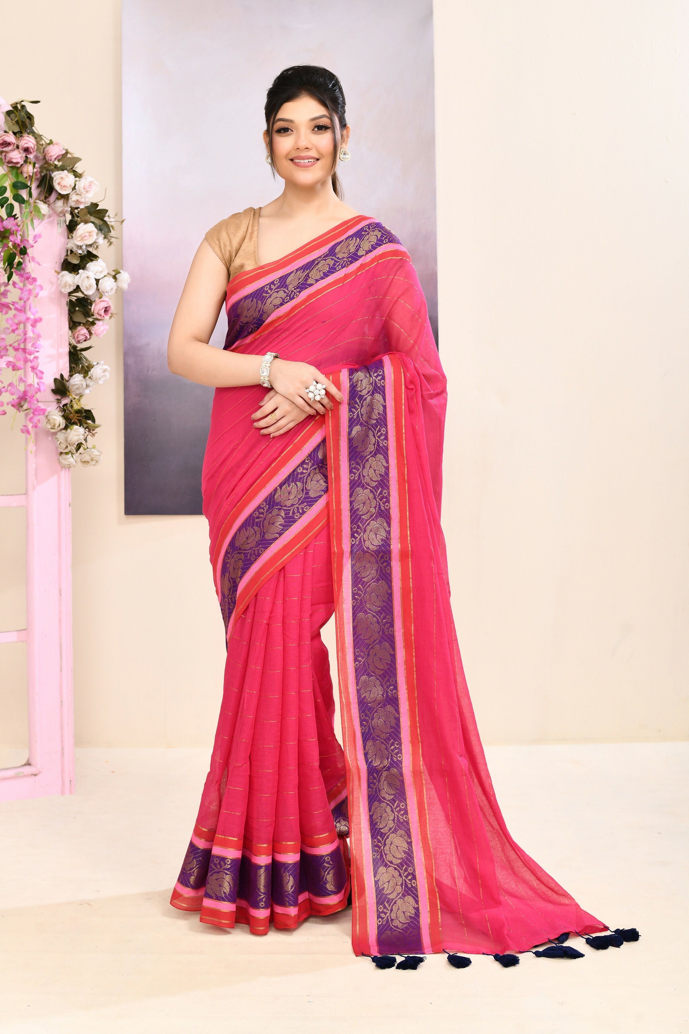 Rani Pink Cotton Saree with Embellished Zari Border