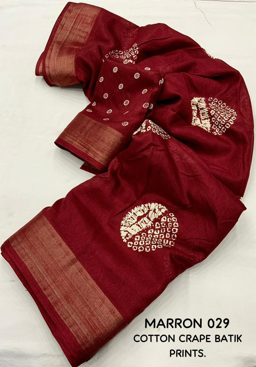 Maroon Cotton Crepe Batik Print Saree with Zari Pattu Border