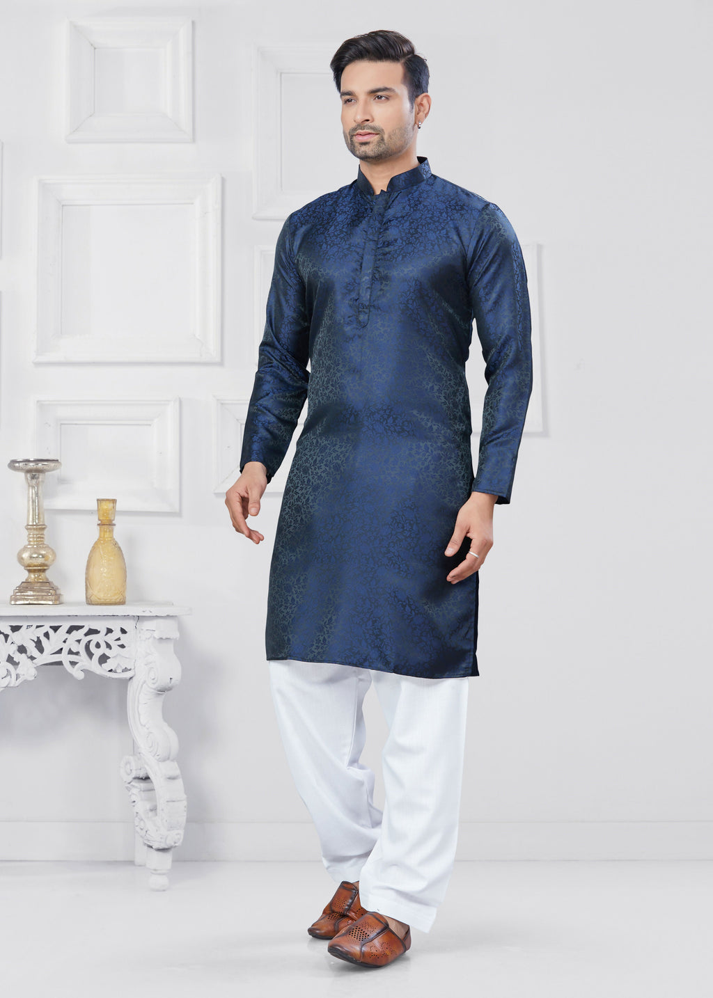 Navy Blue Jacquard Silk Kurta Pyjama Set for Boys