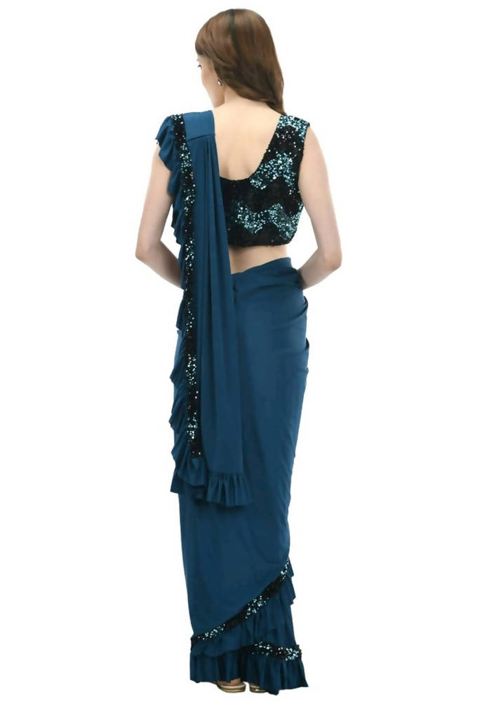 Peacock Blue and Black Ruffled Ready-to-Wear Saree with Blouse