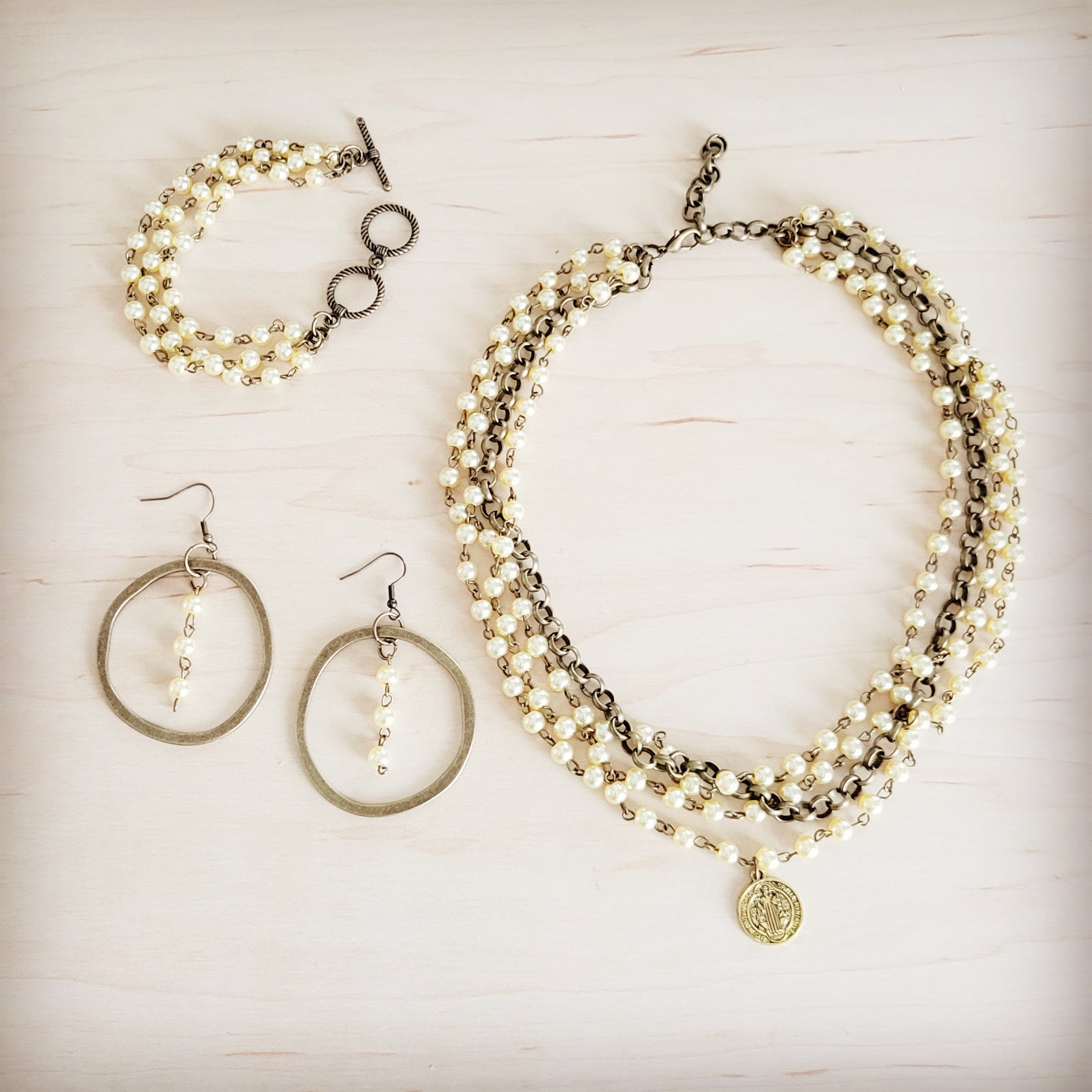 Champagne Pearl Beaded Collar Necklace w/ Pendant 263x
