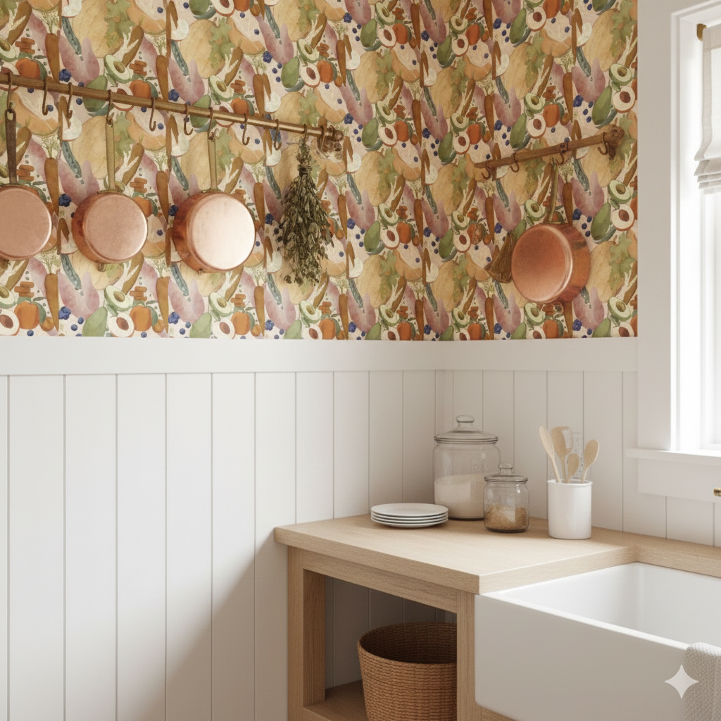 Close up of Gusteau Wallpaper print by Cinnamon Clouds applied to a modern interior wall