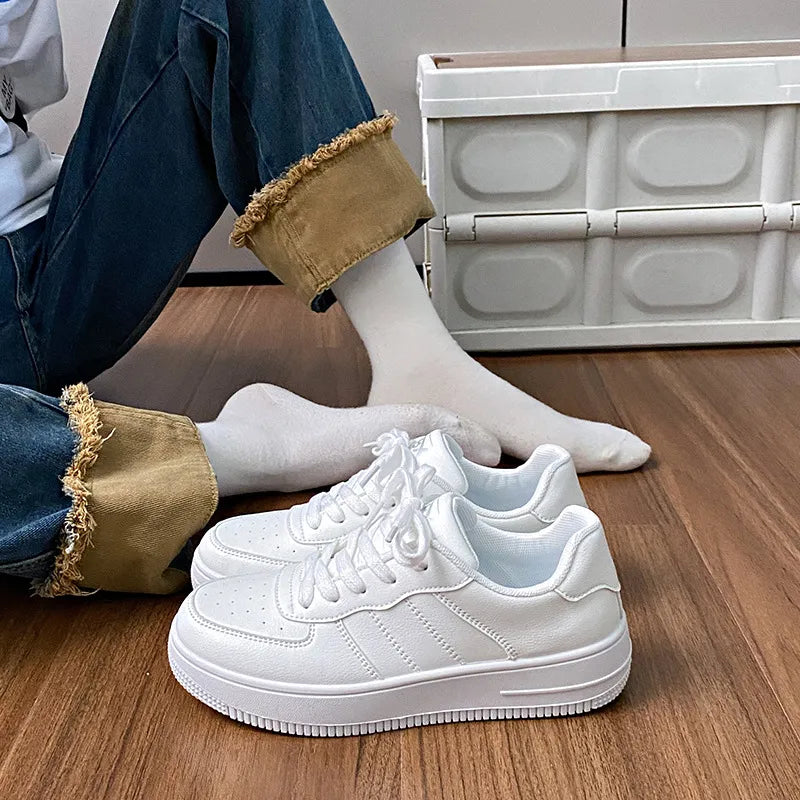 White Platform Lace-Up Round Toe Casual Chunky Sneakers