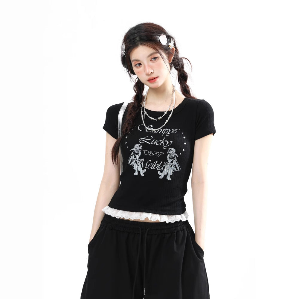 Women's Black Ribbed Graphic Tee with Lace Trim Short Sleeve - Image 2