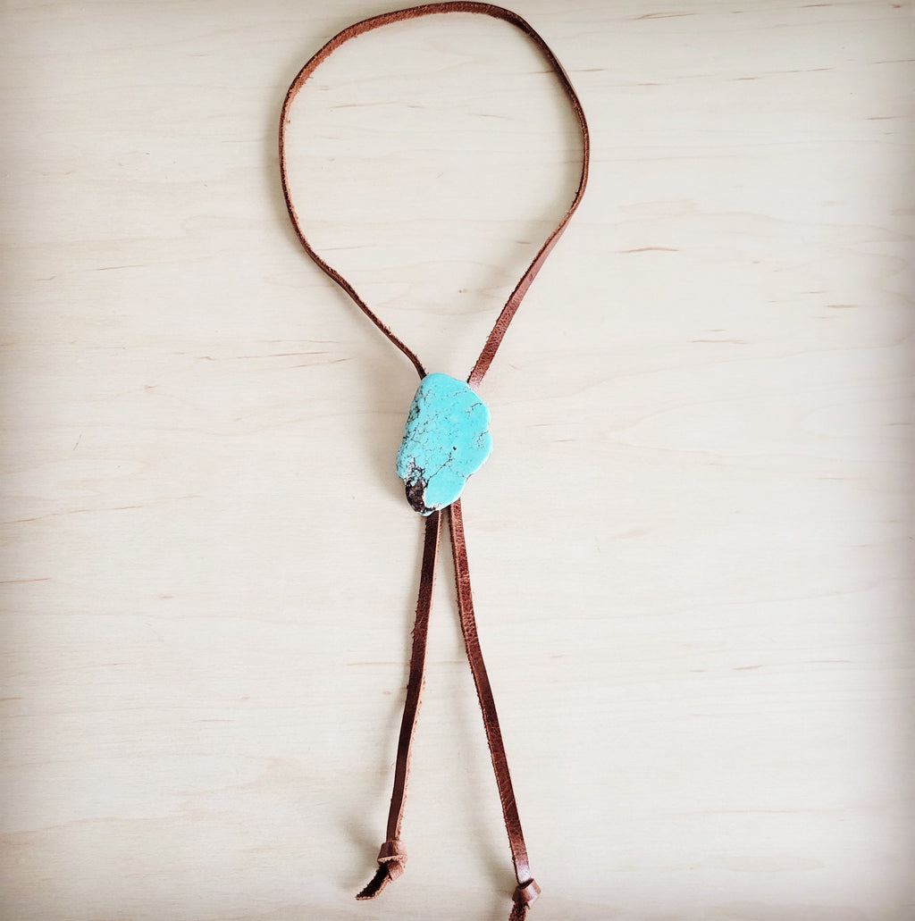 Leather Lariat Boho Necklace w/ Turquoise Slab Accent 263t