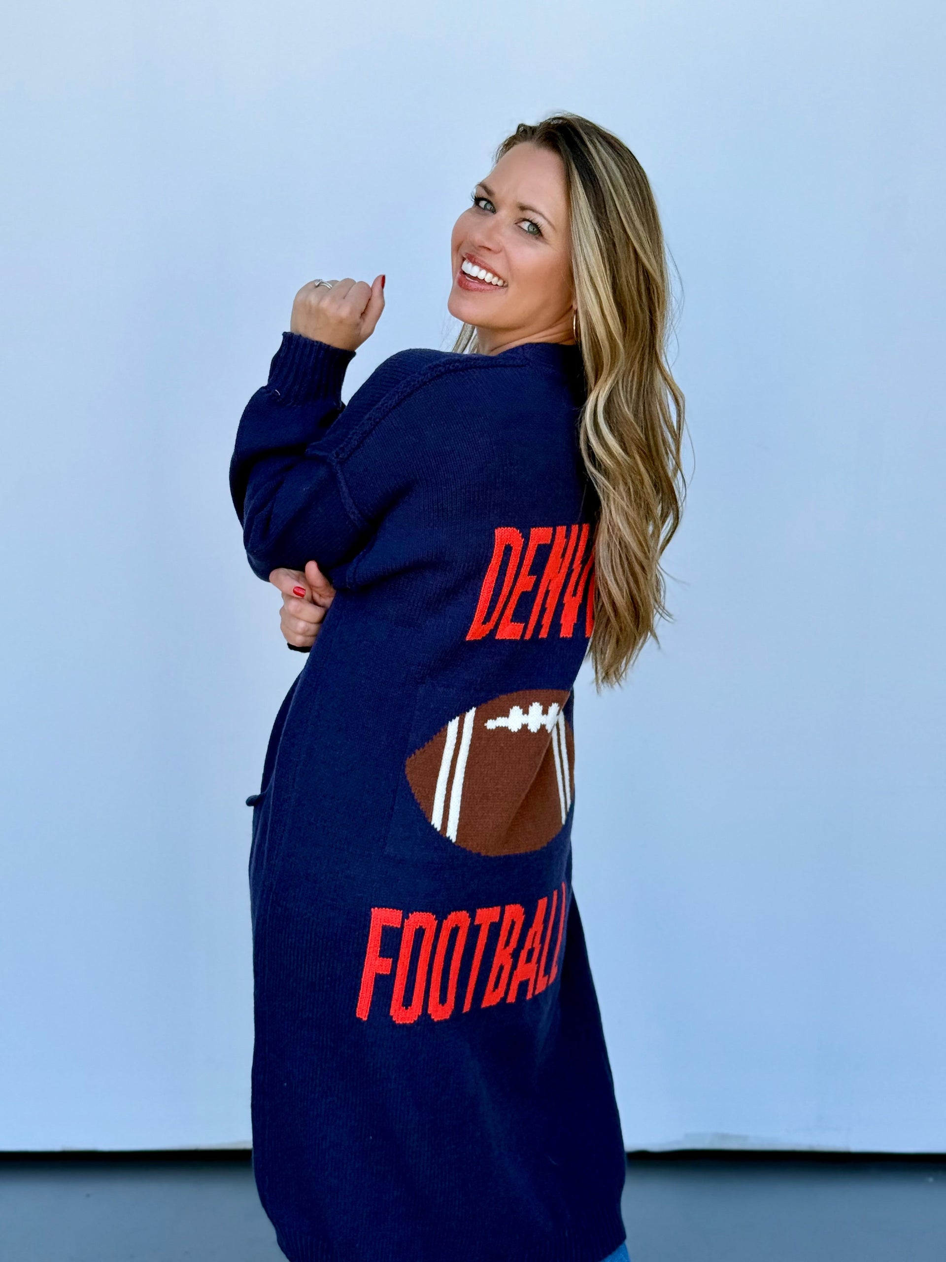 Denver Football Cardigan - Knit Navy Blue Orange Sporty Sweater