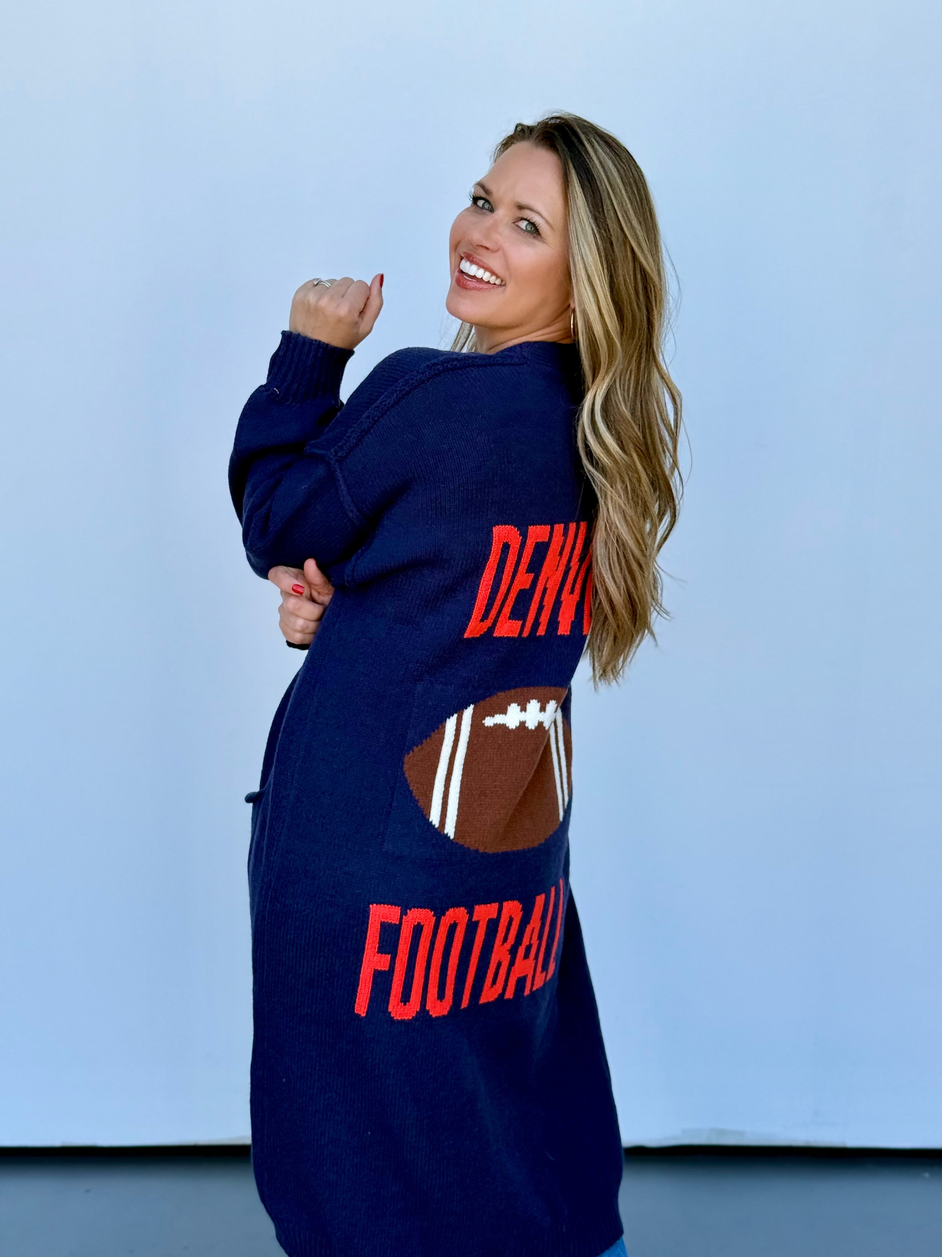 Denver Football Cardigan - Knit Navy Blue Orange Sporty Sweater