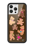 Chocolate brown iPhone case featuring a pattern of colorful teddy bears with a black protective bumper and silver logo emblem.