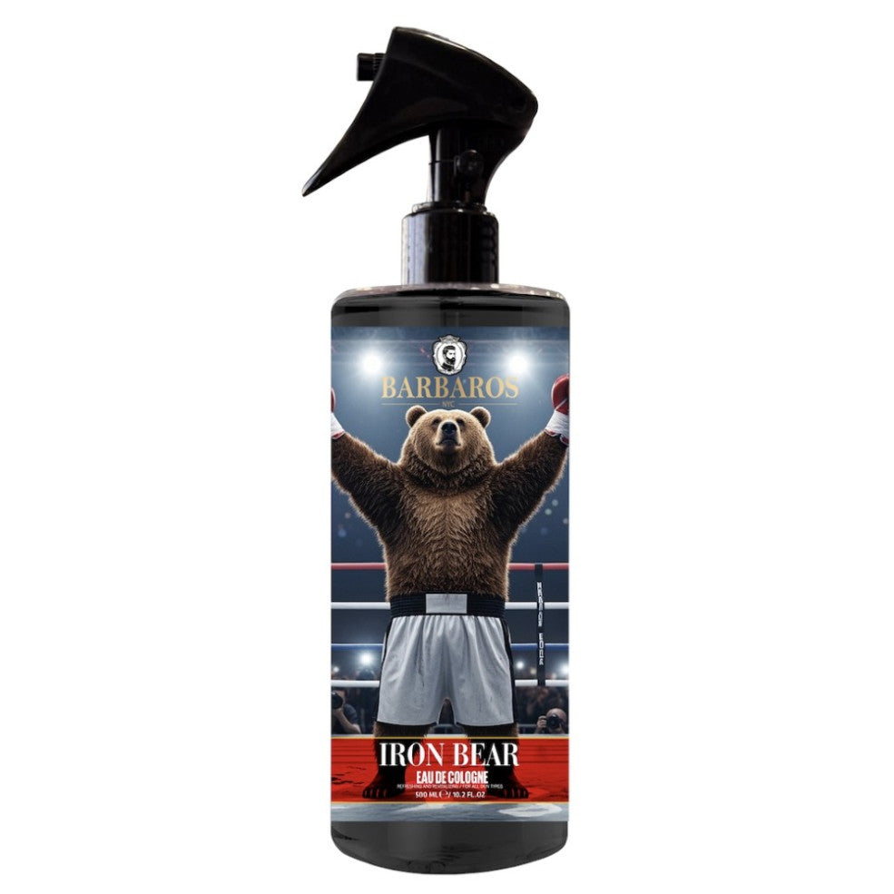 A 500ml bottle of Barbaros Iron Bear Eau de Cologne featuring a masculine, dark professional aesthetic.