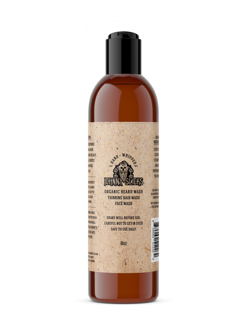 Bottle of Johnny Slicks organic hand whipped beard, thinning hair, and face wash