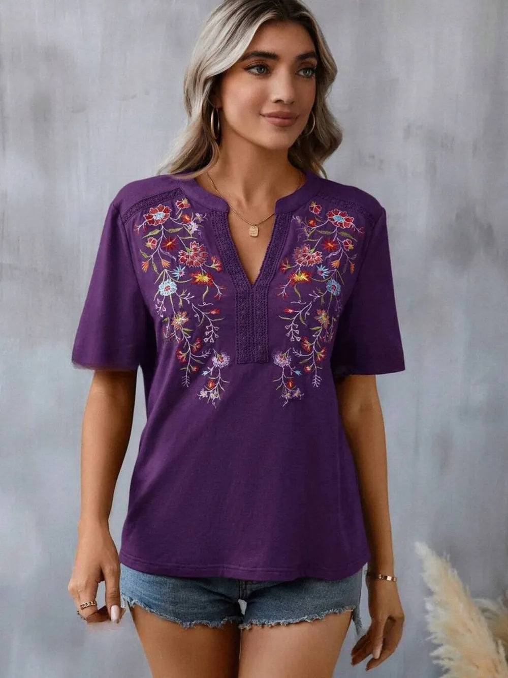 Boho Floral Embroidered Notched V-Neck Lace Trim Top