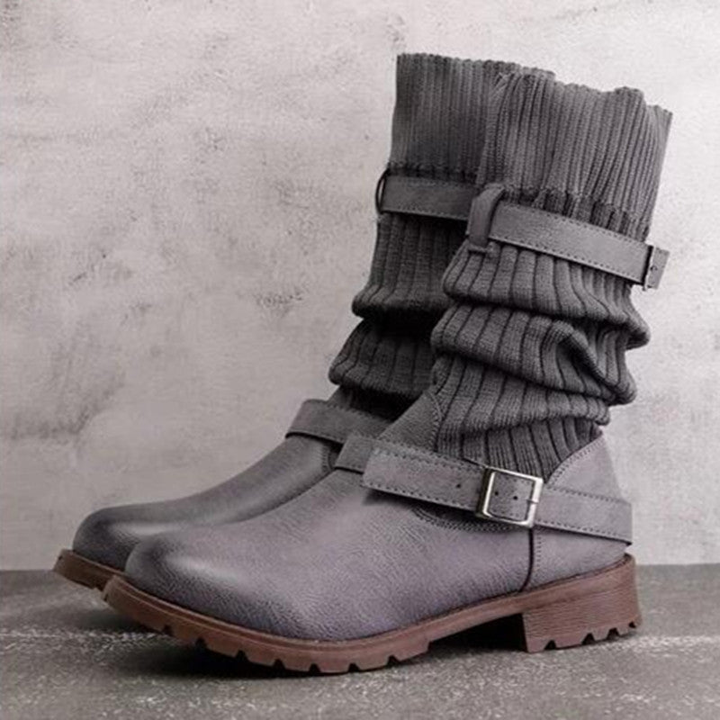 Women's Slouchy Faux Leather Knit Cuff Combat Boots