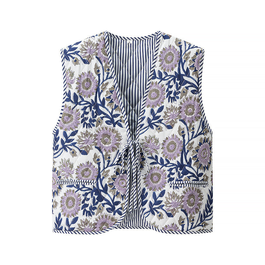 Women's Pink & Blue Striped Quilted V-Neck Loose Fit Vest - Image 7