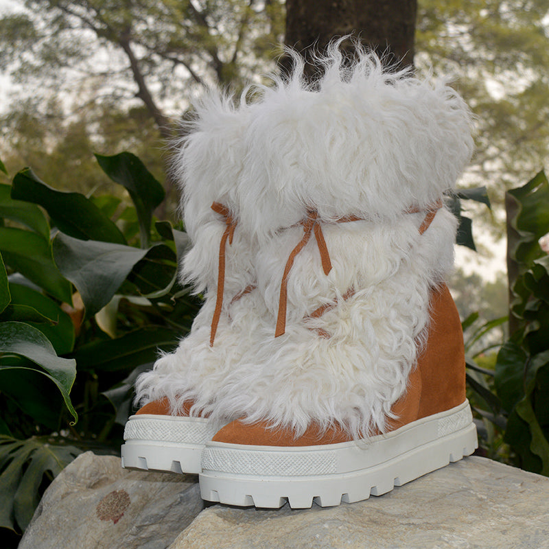 Women's Pure Wool Thick Snow Boots - White & Brown Winter Warm