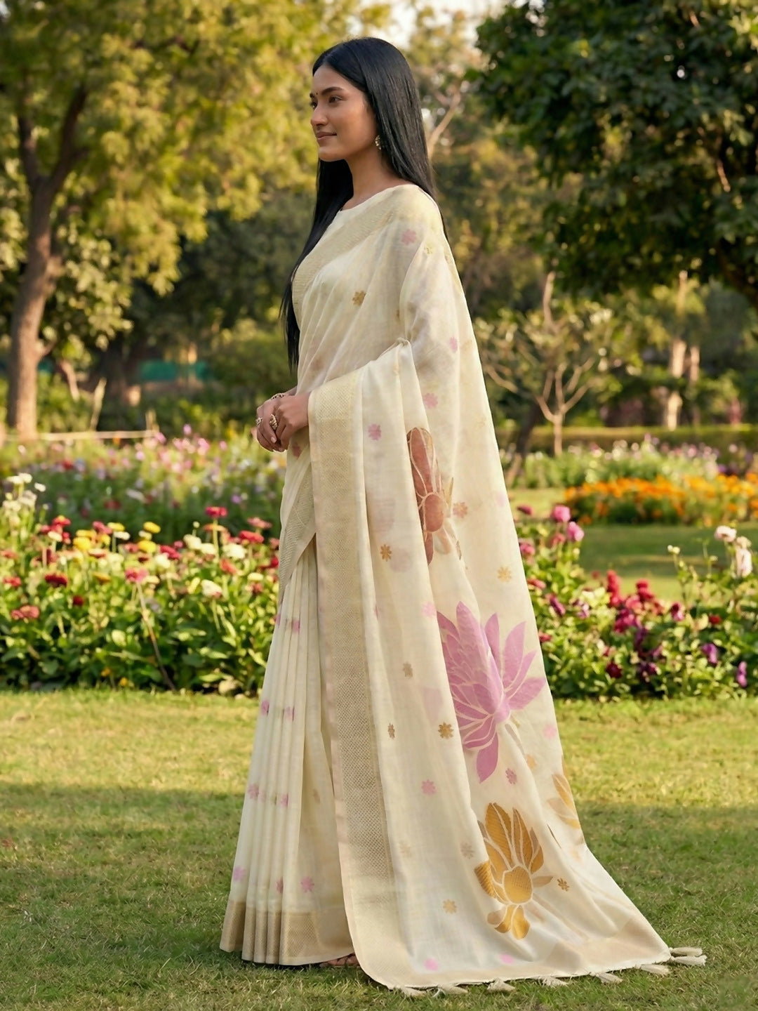 White Linen Cotton Saree with Matching Blouse