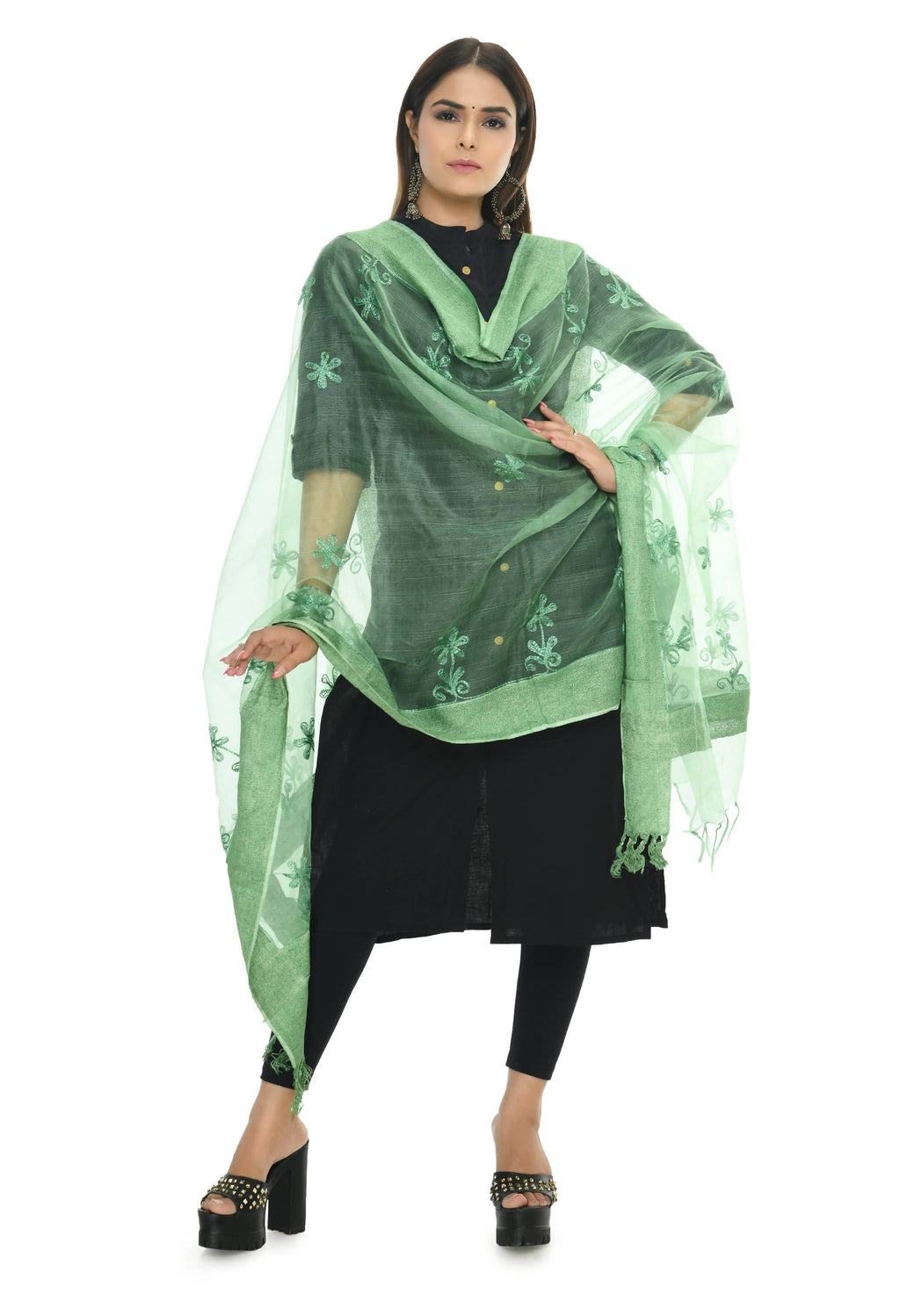 Close-up of Pista Green Organza dupatta featuring intricate Chikan embroidery work.