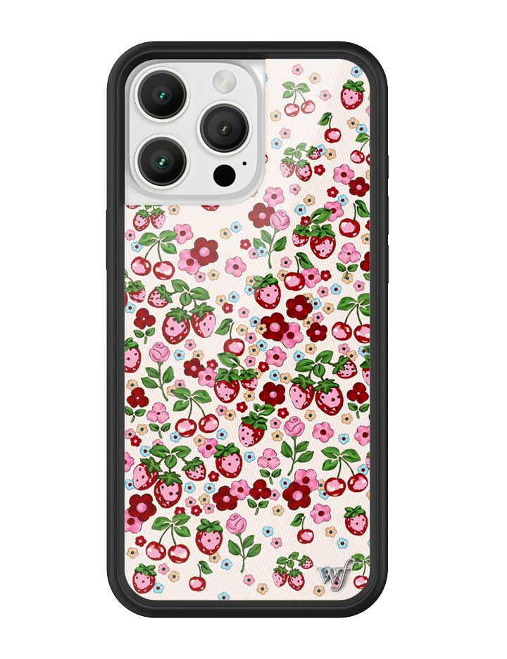Berry World iPhone case with strawberry, cherry, and floral pattern on light pink background
