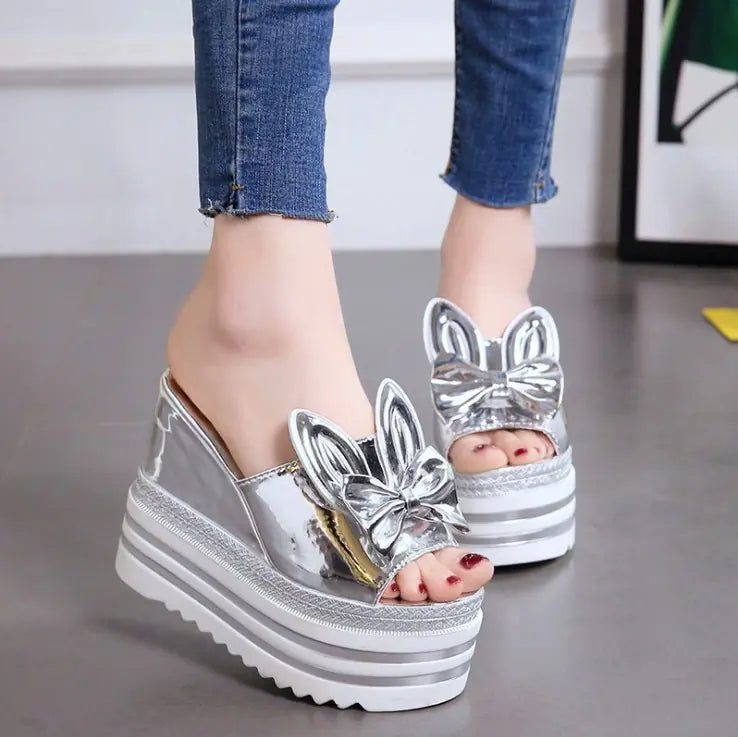 Women's Platform Wedge Sandals with Playful Rabbit Ear Bow Design - Image 2