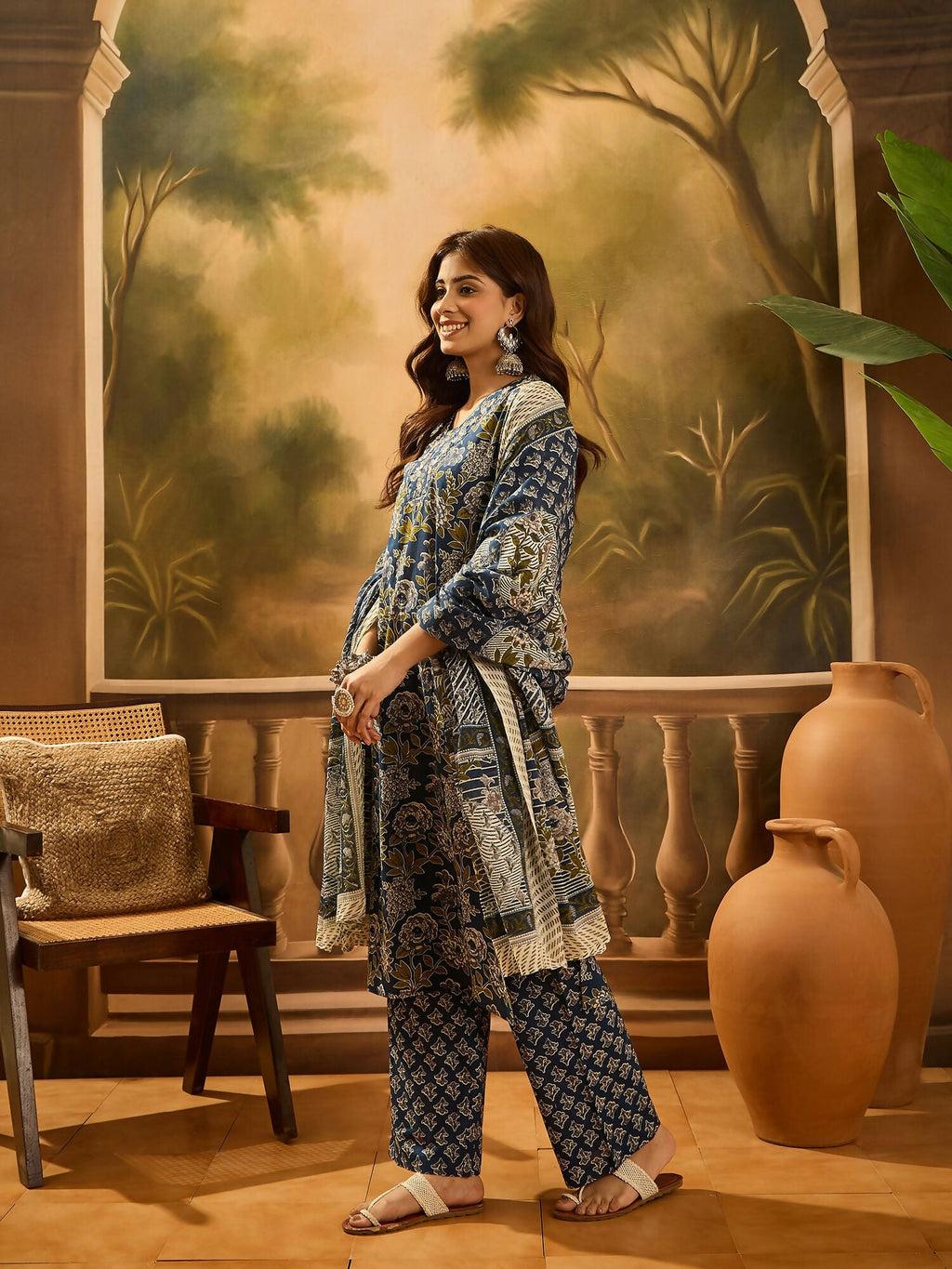 Navy Blue Printed Pure Cotton Kurta Set