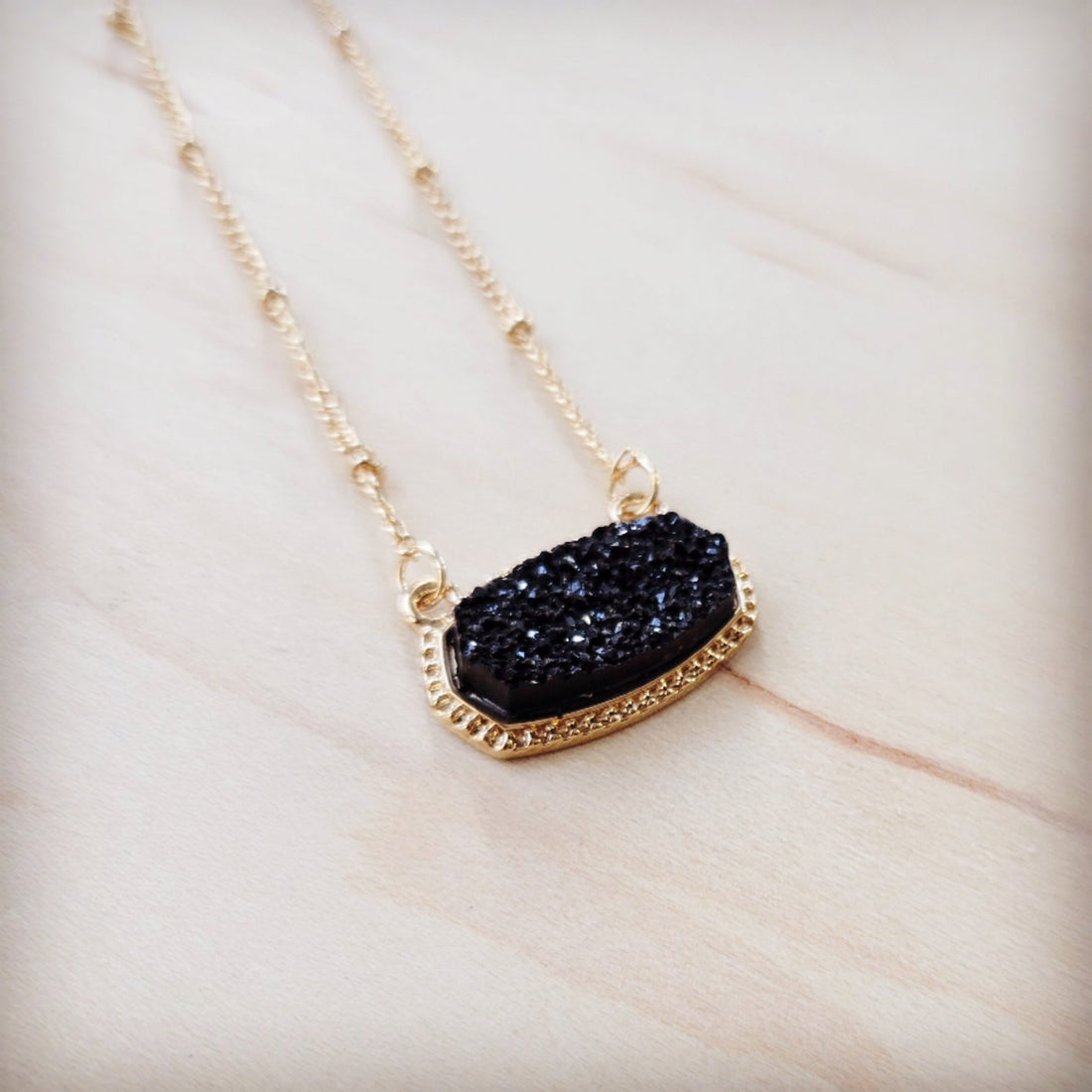 Gold-Tone Chain Necklace with Black Druzy Stone Pendant - Image 3