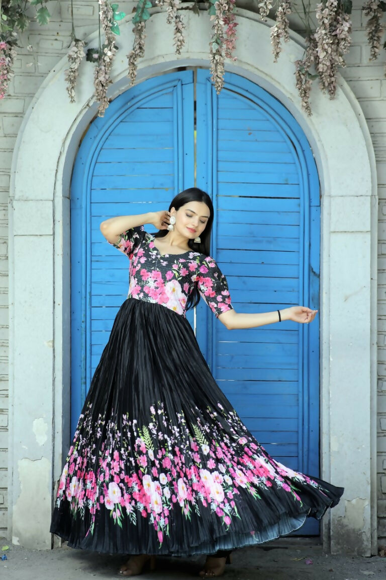 Black Floral Digital Printed Chinon Floor Length Anarkali Dress