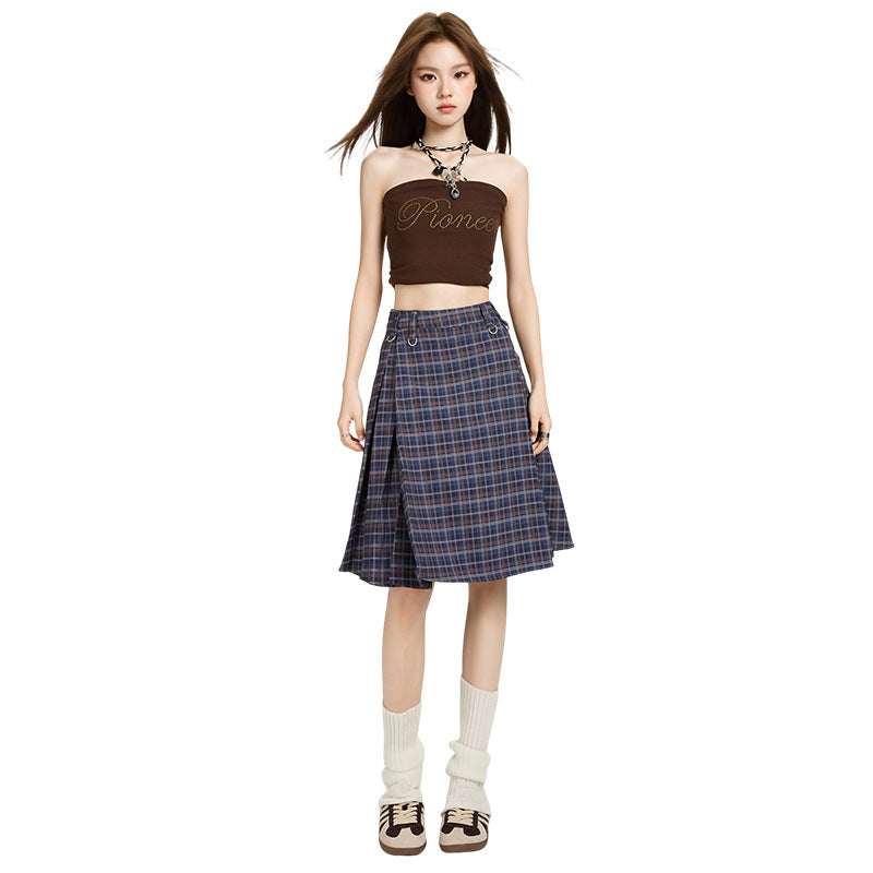 Women's Blue Plaid A-Line Pleated Midi Skirt, College Style - Image 6