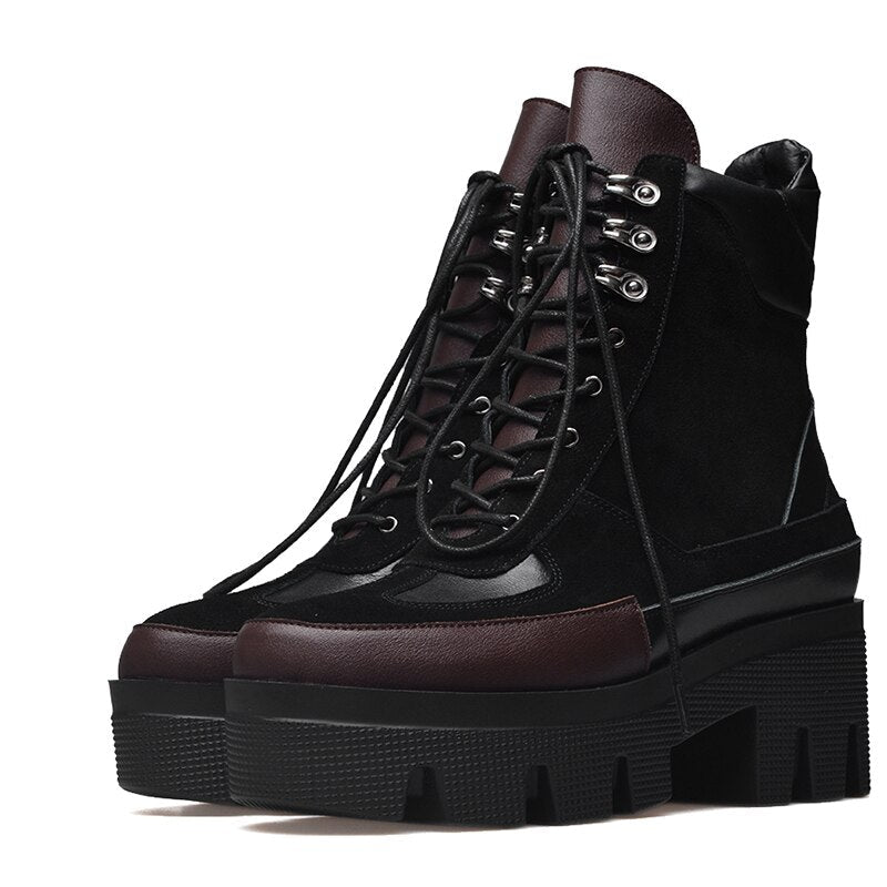 Women's Black Cow Leather Chunky Platform Lace-Up Ankle Boots - Image 6