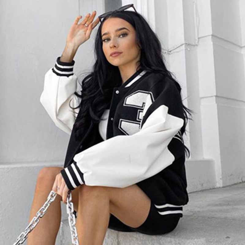 Women's Oversized Lettered Varsity Baseball Jacket Black White - Image 2