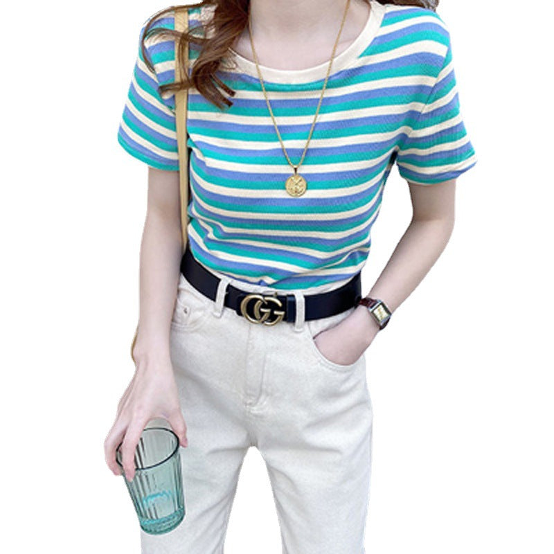 Women Striped Slim Fit Short Sleeve Casual Tee Shirt Top - Image 5