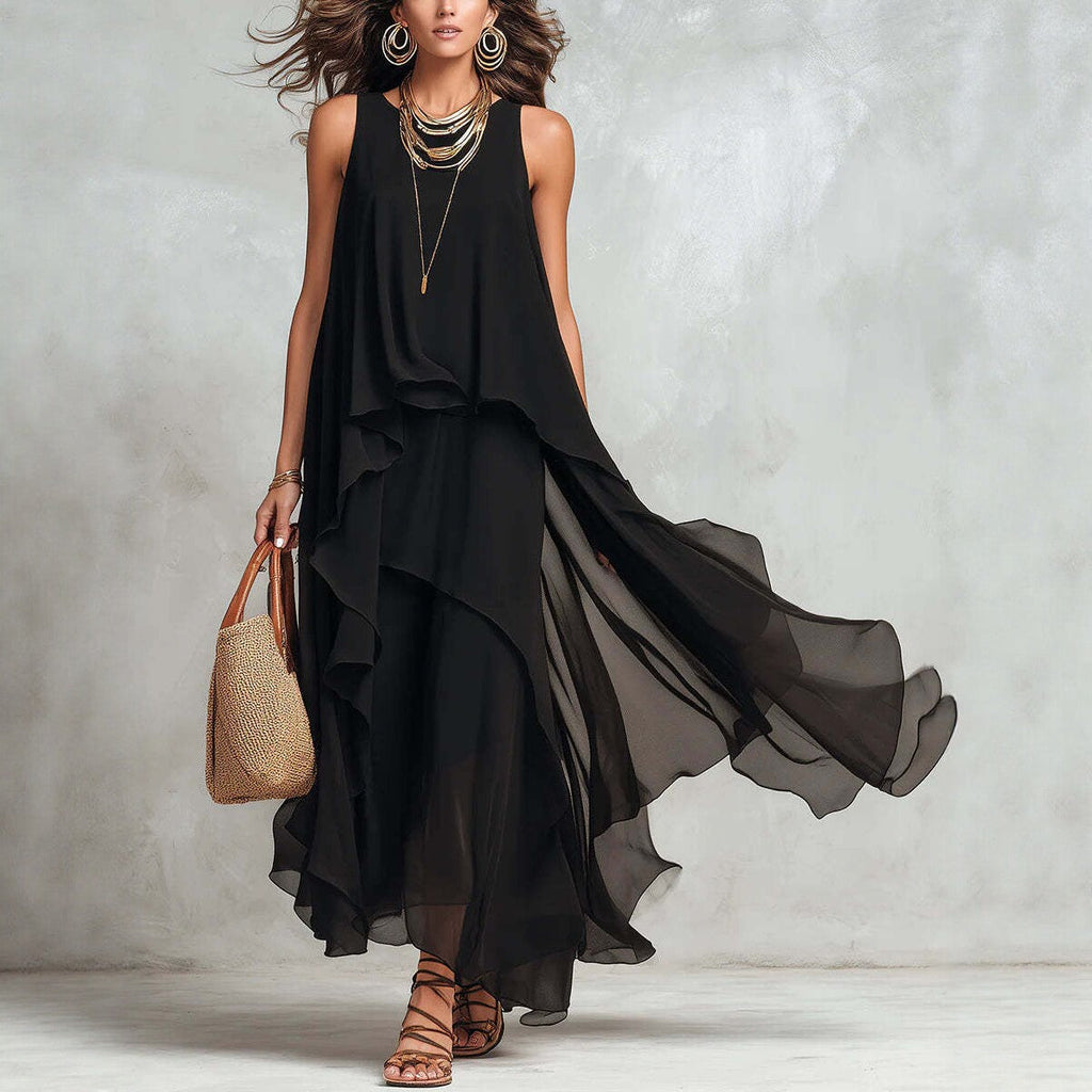 Black Asymmetrical Chiffon Maxi Dress - Flowy Sleeveless A-Line