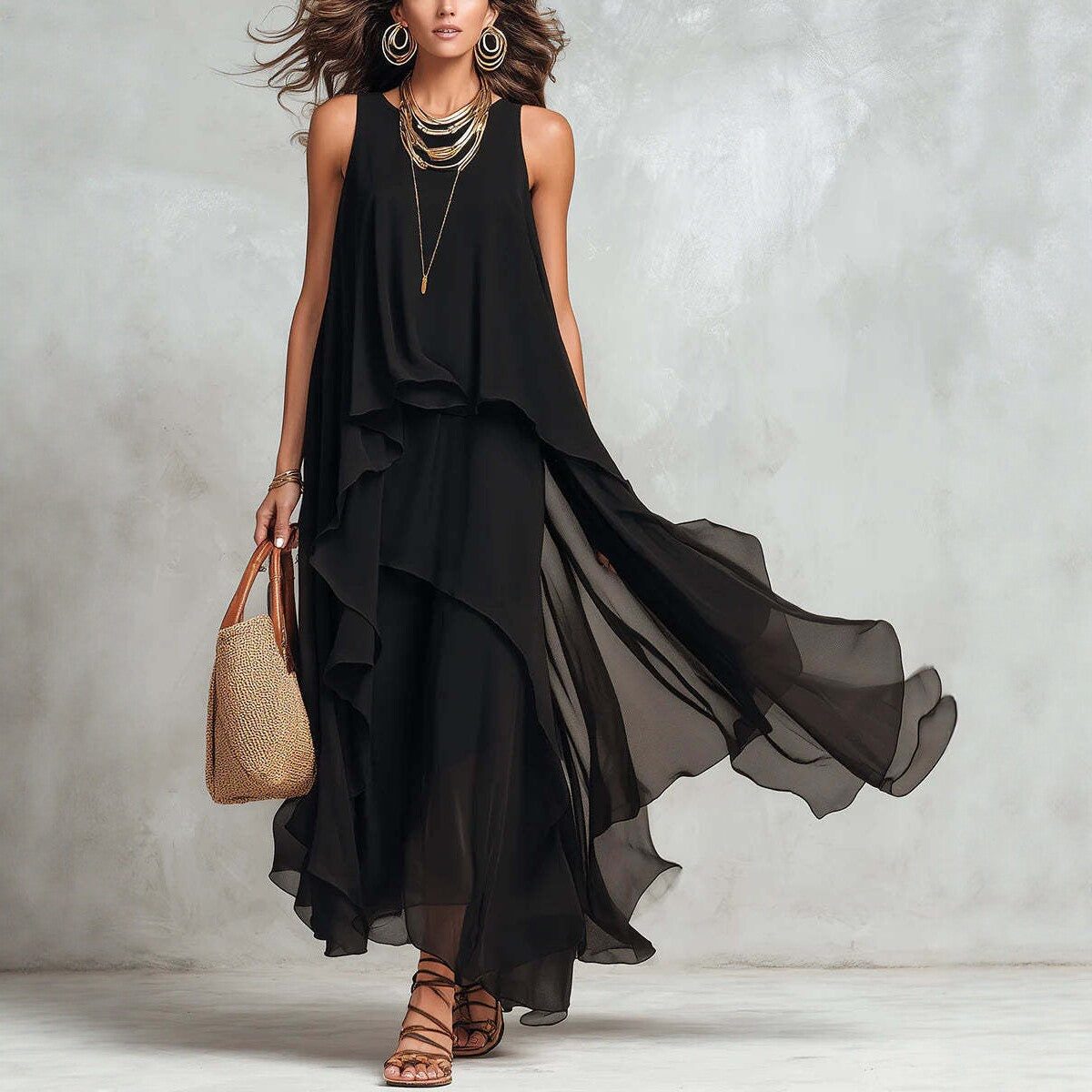 Black Asymmetrical Chiffon Maxi Dress - Flowy Sleeveless A-Line