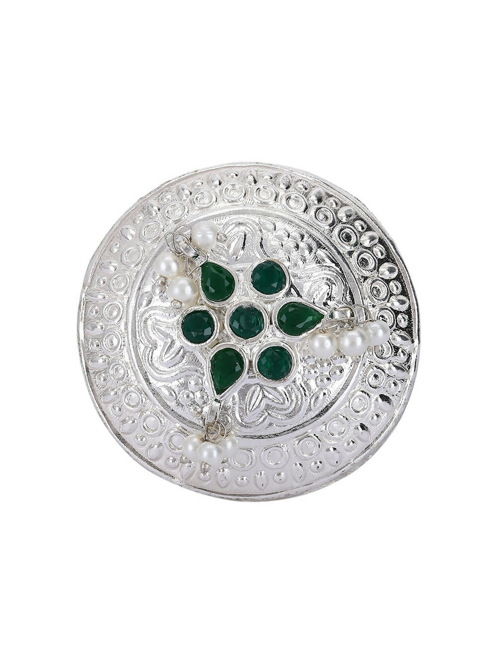 Intricate Silver Tone Green Stone Statement Ring for Women