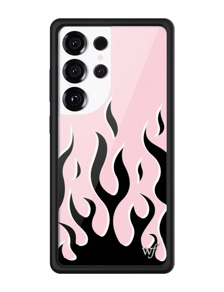 Samsung Galaxy phone case with black flame print on soft pink background and protective black bumper