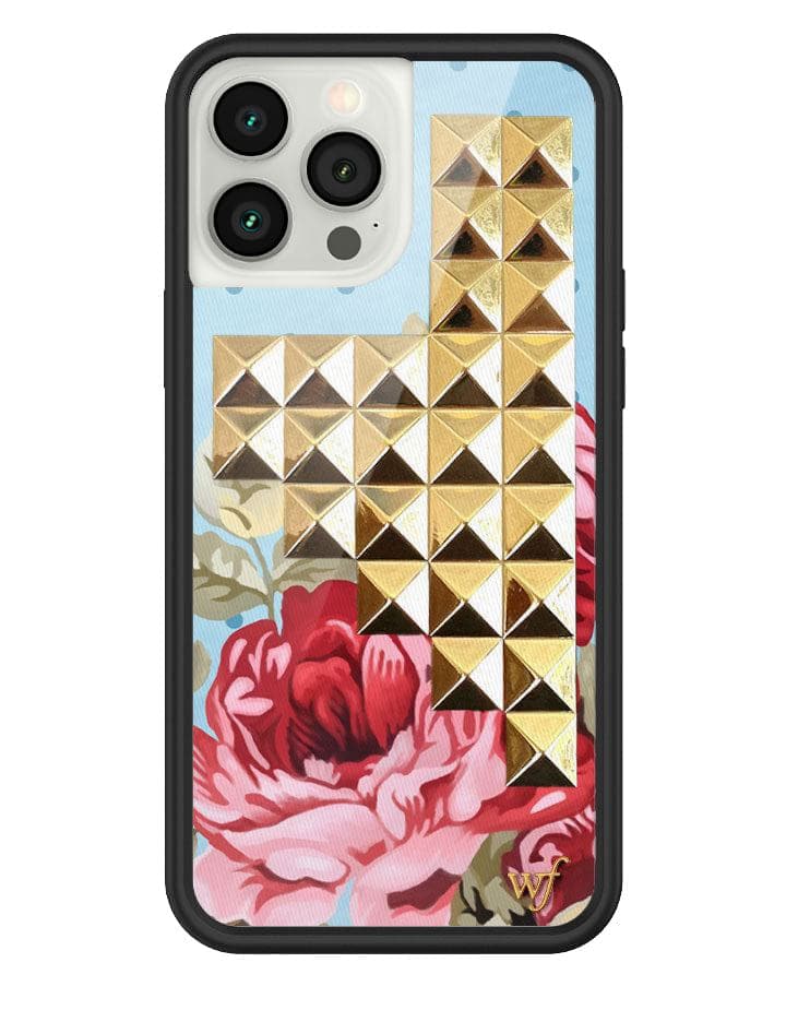 Limited edition blue and red floral patterned iPhone case with gold square studs
