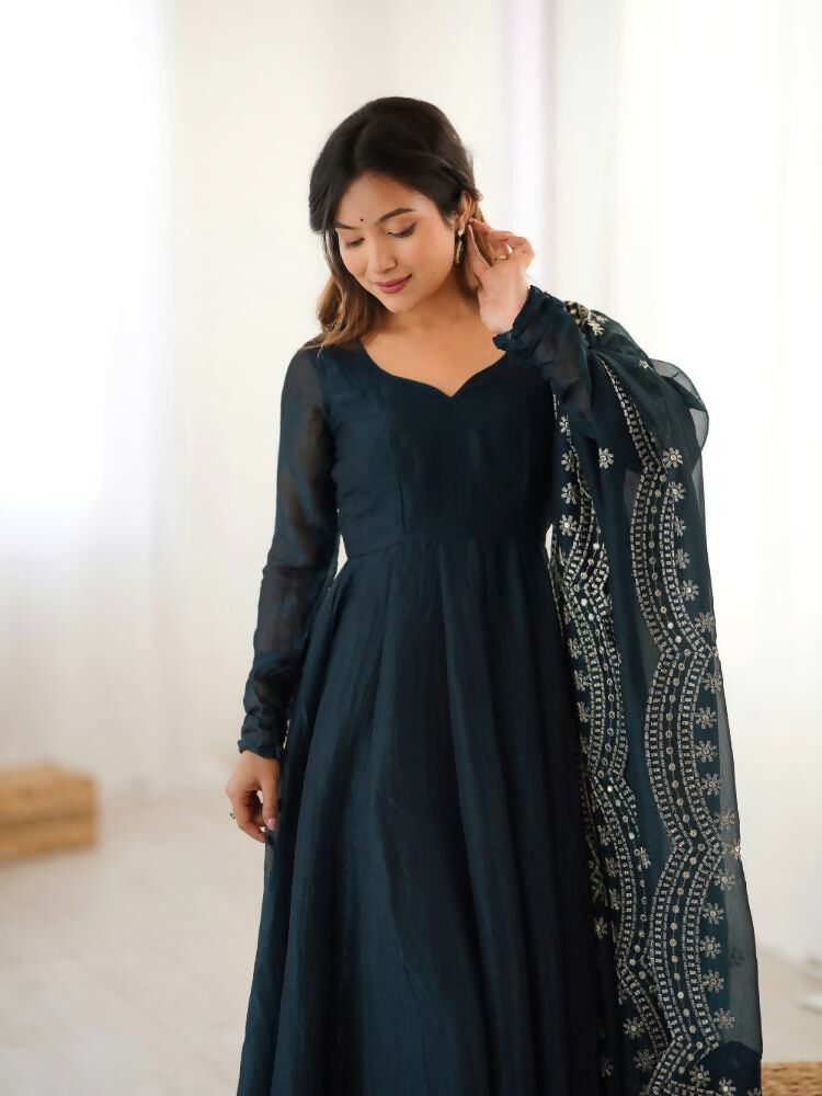 Blue Chinnon Silk Kurta Set with Intricate Sequence Embroidery