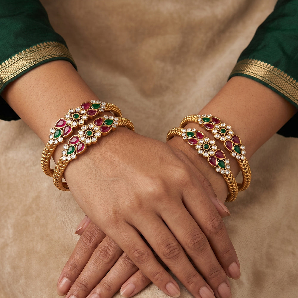 Rajwadi Polish Kemp Stone Bangle Set of 4 for Ethnic Parties