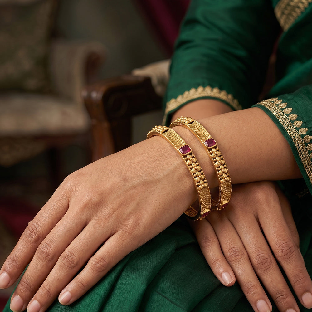 Set of four antique-finish Rajwadi polished bangles with fancy design