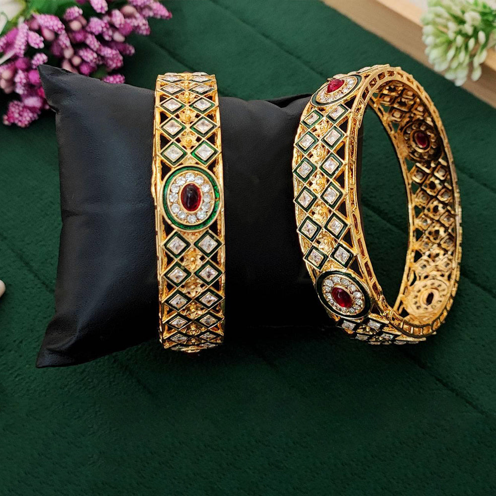 High Gold Polish Full Stone Fancy Bangle Set - 2 Piece Set
