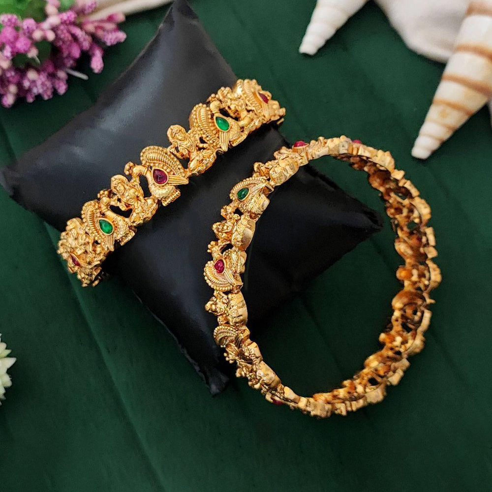 Temple-style gold polish bangles featuring Laxmi and peacock designs with stone embellishments.