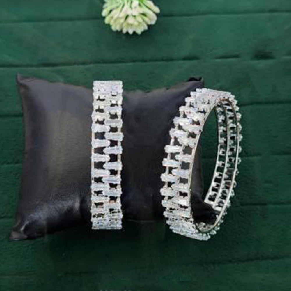 Premium White Rhodium Rectangular Stone Bangle Set - 2 Piece