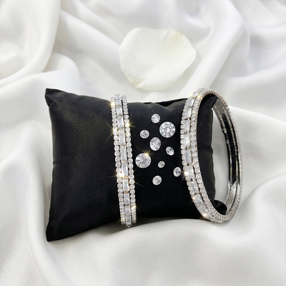 White Rhodium American Diamond Bangle Set, Elegant Party Jewelry