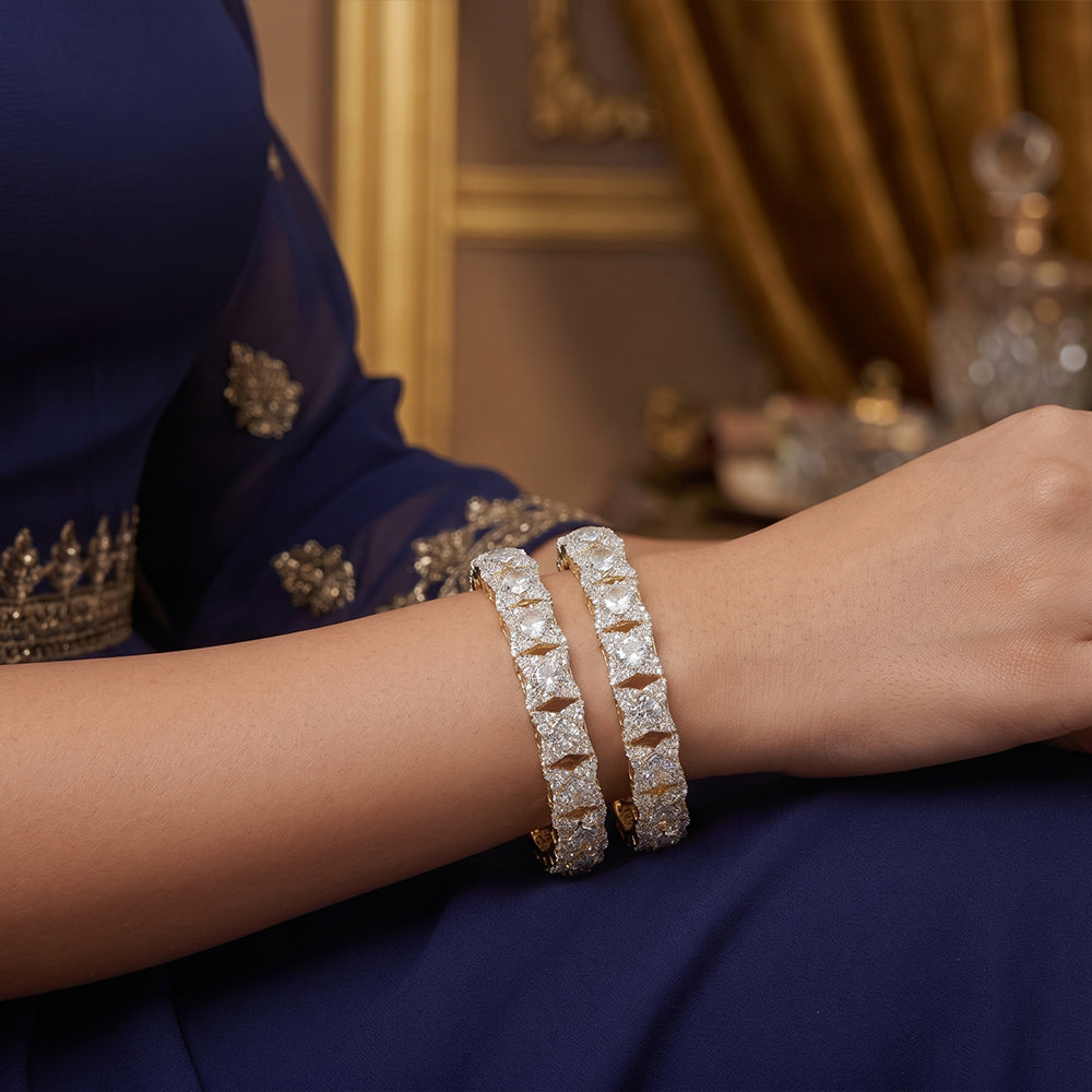 JS Fashion American Diamond Square Cluster Designer Bangle Set in sparkling finish