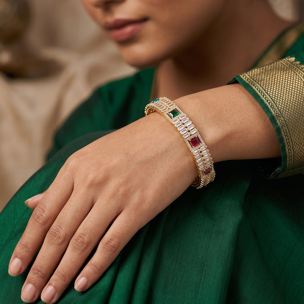 Elegant broad bangle set with premium CZ stones for wedding wear